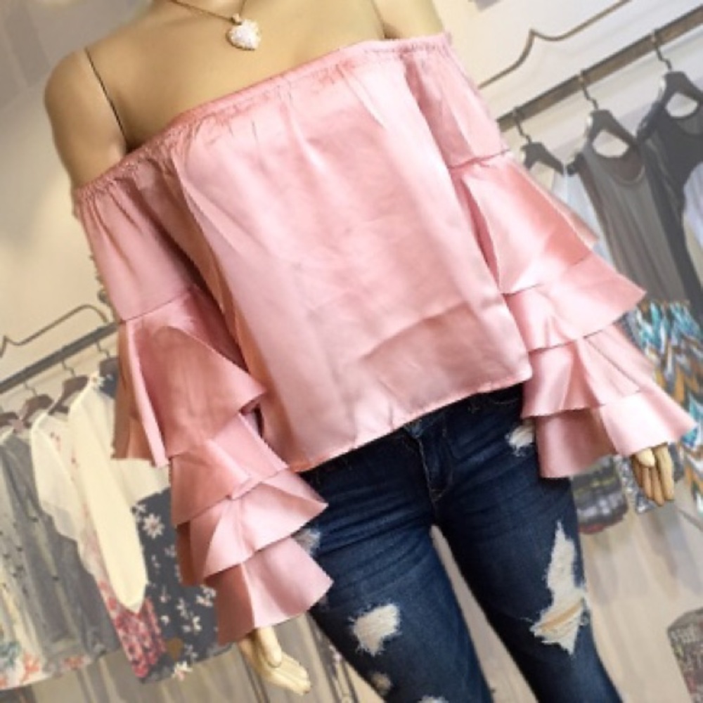 Pink Satin Off The Shoulder Ruffle Top